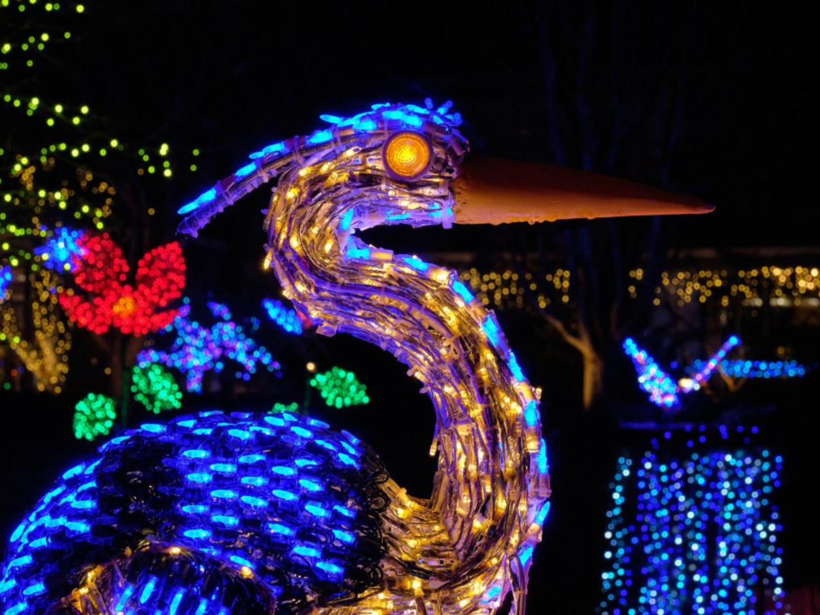 A crane made out of multi colored string lighting 